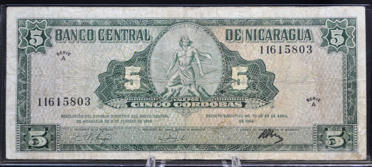 1962 Central Bank of Nicaragua 5 Cordobas Note - Series A - Choose by Grade - 1962 Nicaraguan Cinco Five Cordobas Banknote - P#108a