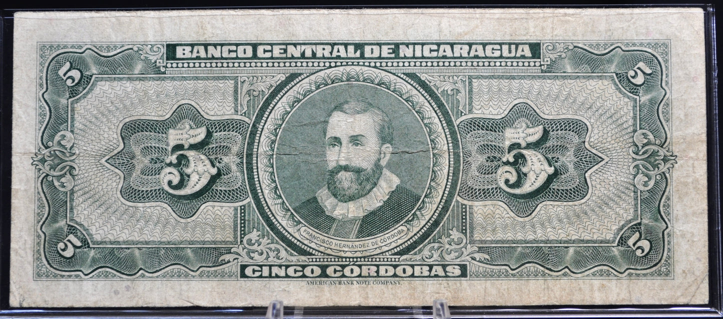 1962 Central Bank of Nicaragua 5 Cordobas Note - Series A - Choose by Grade - 1962 Nicaraguan Cinco Five Cordobas Banknote - P#108a