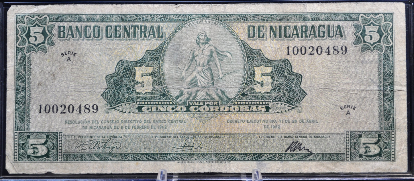 1962 Central Bank of Nicaragua 5 Cordobas Note - Series A - Choose by Grade - 1962 Nicaraguan Cinco Five Cordobas Banknote - P#108a