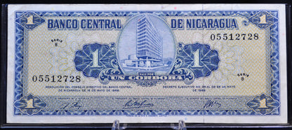 1968 Central Bank of Nicaragua 1 Cordoba Note - Series B - 3 Signatures Type - 1968 Nicaraguan Un One Cordoba Banknote - P#115a