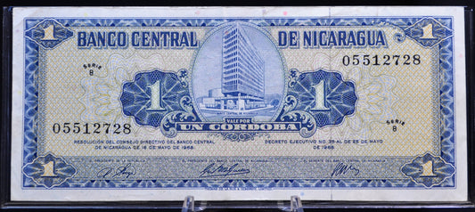1968 Central Bank of Nicaragua 1 Cordoba Note - Series B - 3 Signatures Type - 1968 Nicaraguan Un One Cordoba Banknote - P#115a