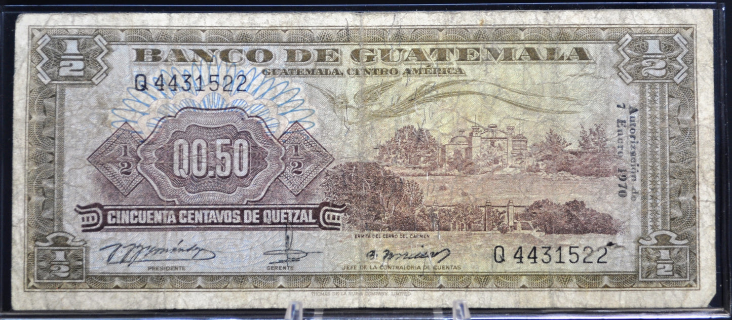 1969-70 Banco de Guatemala 50 Centavos de Quetzal Note - Choose by Year - 1970 Guatemalan Half Quetzal Banknote - P#51f P#51g