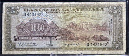 1969-70 Banco de Guatemala 50 Centavos de Quetzal Note - Choose by Year - 1970 Guatemalan Half Quetzal Banknote - P#51f P#51g