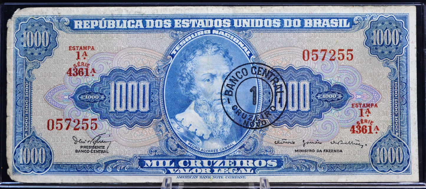 1967 Brazil Valor Legal 1 Cruzeiro Novo on 1000 Cruzeiros Note - Series 4361 - 1967 Brazilian One Cruzeiro Novo Stamped Note - P#187b