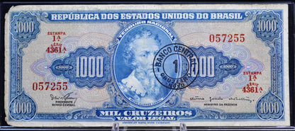 1967 Brazil Valor Legal 1 Cruzeiro Novo on 1000 Cruzeiros Note - Series 4361 - 1967 Brazilian One Cruzeiro Novo Stamped Note - P#187b