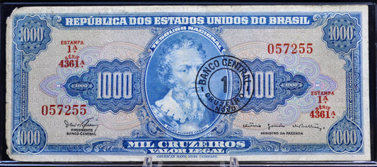 1967 Brazil Valor Legal 1 Cruzeiro Novo on 1000 Cruzeiros Note - Series 4361 - 1967 Brazilian One Cruzeiro Novo Stamped Note - P#187b
