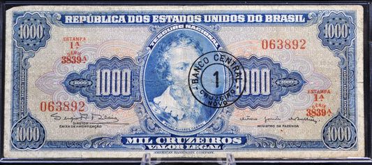 1966 Brazil Valor Legal 1000 Cruzeiros on 1 Cruziero Novo Note - Rare Series 3839 - 1966 Brazilian One Cruzeiro Stamped Novo Note - P#187a