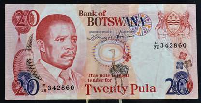 1992 Bank of Botswana 20 Pula Note - E/28 Prefix, Signature Type 6a - President Masire Note - 1992 Botswana Twenty Pula Banknote - P#13a