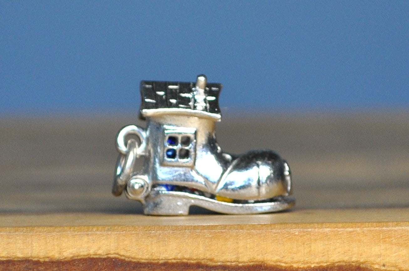 Old Woman Who Lived In A Shoe Mechanical Sterling Silver Charm - Sterling Silver Family Living in A Shoe Pendant