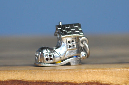 Old Woman Who Lived In A Shoe Mechanical Sterling Silver Charm - Sterling Silver Family Living in A Shoe Pendant