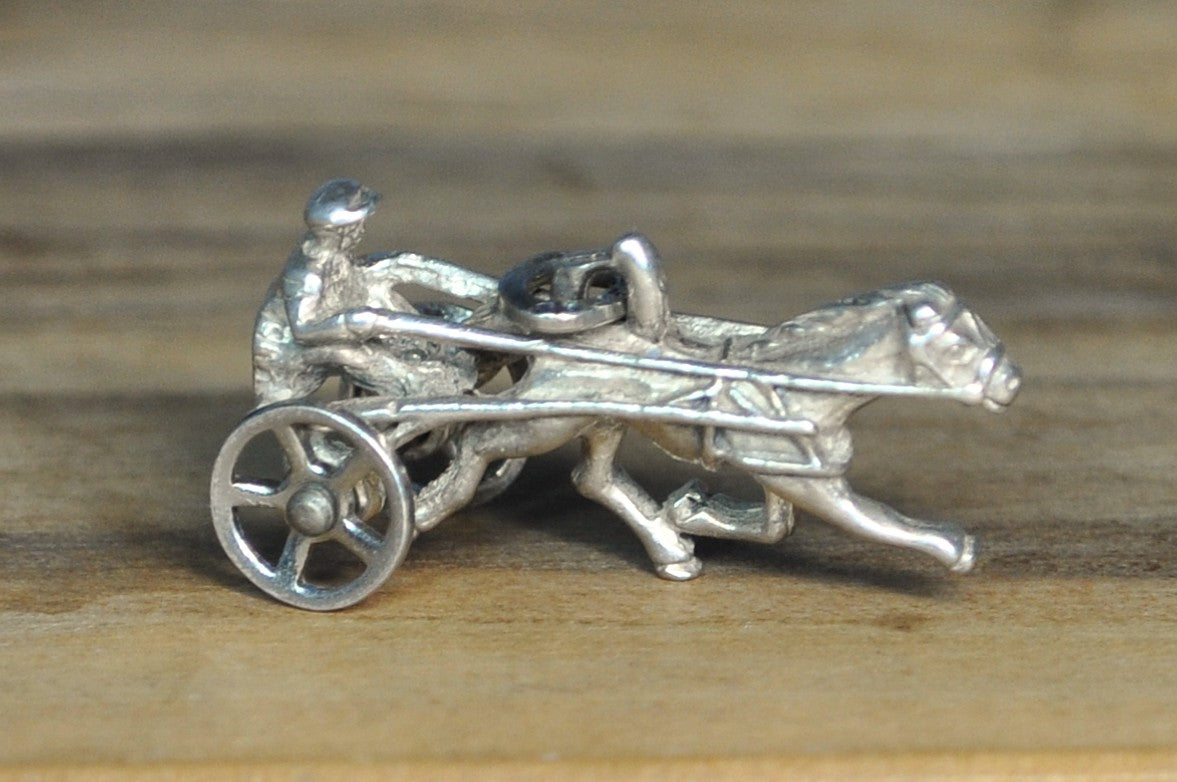 Antique Jockey Horse Racing Sterling Silver Charm - Vintage Moveable Chariot Horse and Buggy Pendant