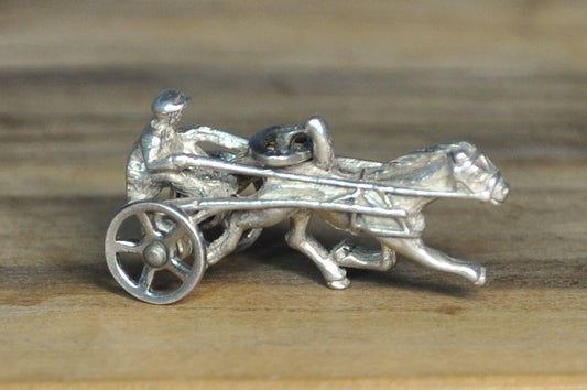 Antique Jockey Horse Racing Sterling Silver Charm - Vintage Moveable Chariot Horse and Buggy Pendant