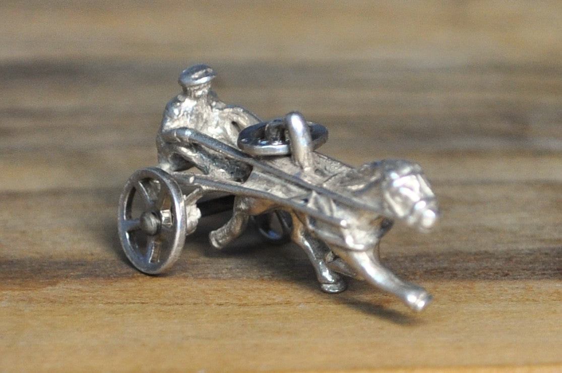 Antique Jockey Horse Racing Sterling Silver Charm - Vintage Moveable Chariot Horse and Buggy Pendant