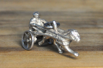 Antique Jockey Horse Racing Sterling Silver Charm - Vintage Moveable Chariot Horse and Buggy Pendant