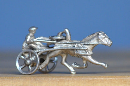 Antique Jockey Horse Racing Sterling Silver Charm - Vintage Moveable Chariot Horse and Buggy Pendant