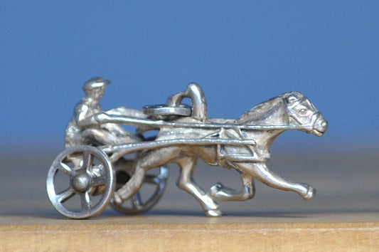 Antique Jockey Horse Racing Sterling Silver Charm - Vintage Moveable Chariot Horse and Buggy Pendant