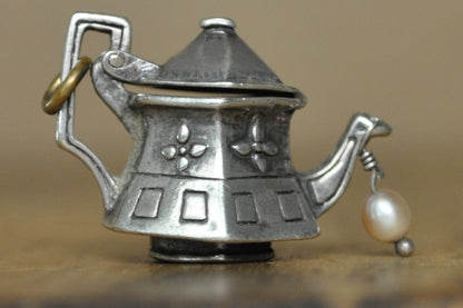 Vintage Sterling Silver Articulating Teapot with Pearl Charm - Stamped and Tested Sterling Silver - Signed N - Victorian Charms