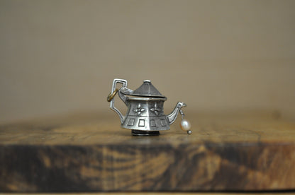 Vintage Sterling Silver Articulating Teapot with Pearl Charm - Stamped and Tested Sterling Silver - Signed N - Victorian Charms