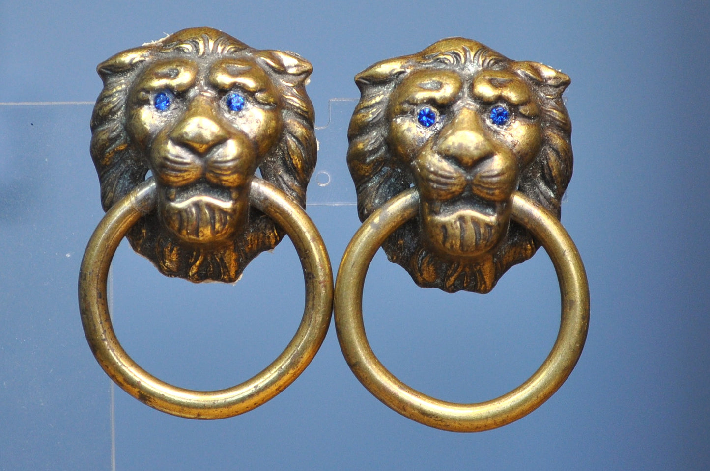 Antique Lion Head Drawer Pulls - Vintage Brass Lion Head Handles - Brass Lion Head Knobs With Blue Crystal Eyes