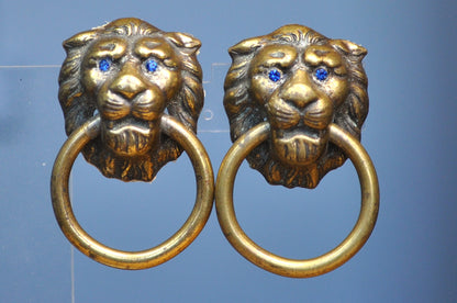 Antique Lion Head Drawer Pulls - Vintage Brass Lion Head Handles - Brass Lion Head Knobs With Blue Crystal Eyes