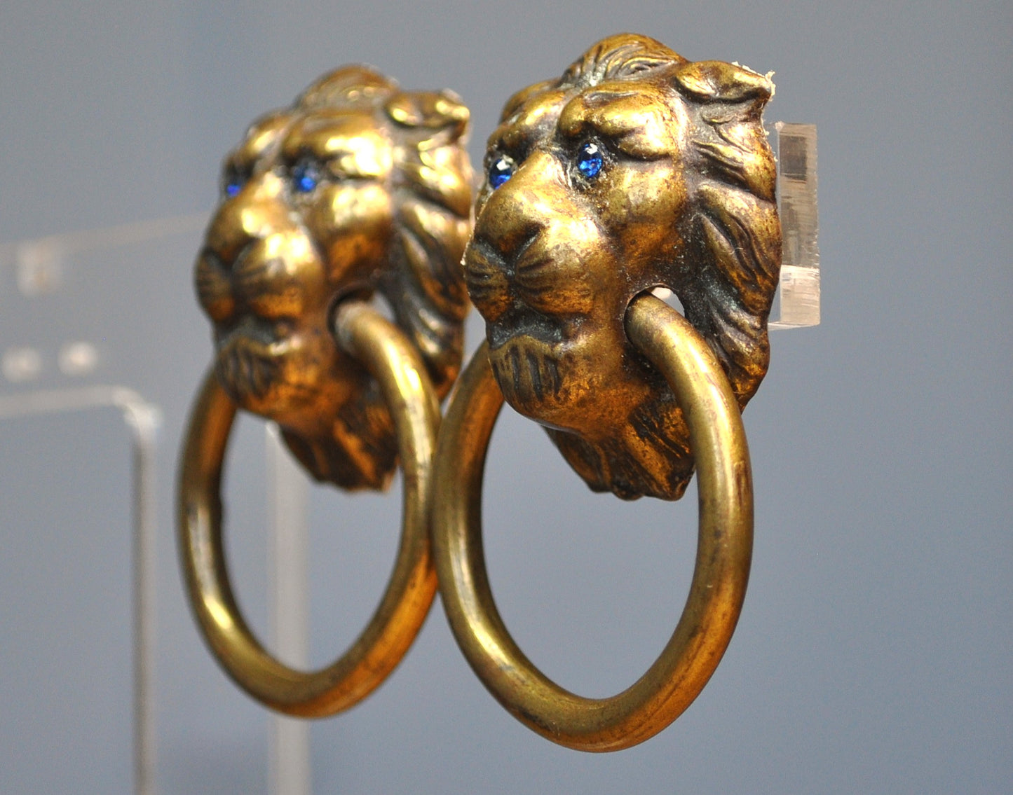Antique Lion Head Drawer Pulls - Vintage Brass Lion Head Handles - Brass Lion Head Knobs With Blue Crystal Eyes