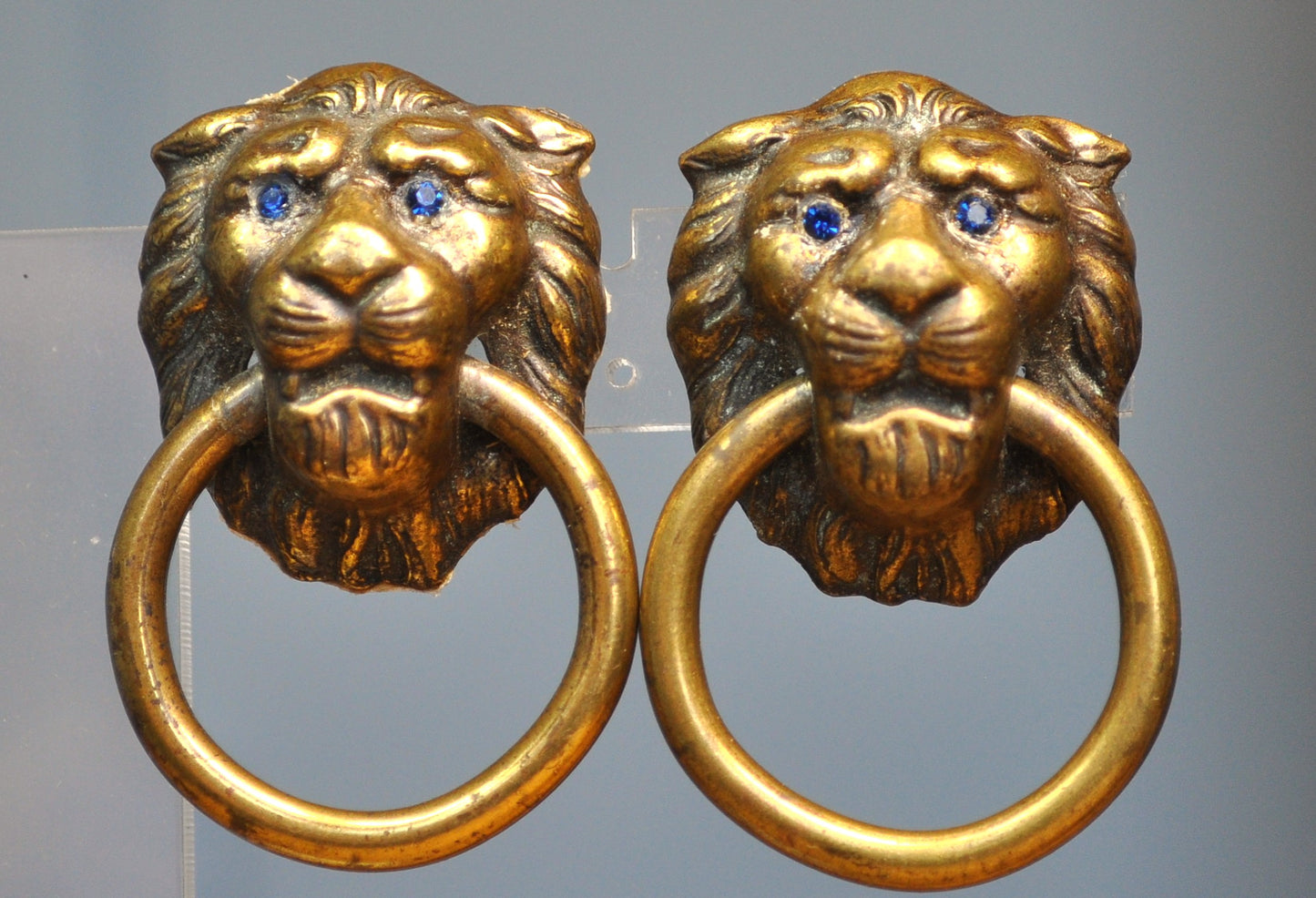 Antique Lion Head Drawer Pulls - Vintage Brass Lion Head Handles - Brass Lion Head Knobs With Blue Crystal Eyes