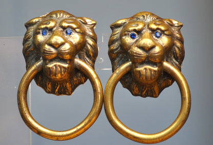 Antique Lion Head Drawer Pulls - Vintage Brass Lion Head Handles - Brass Lion Head Knobs With Blue Crystal Eyes
