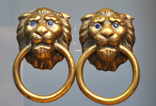 Antique Lion Head Drawer Pulls - Vintage Brass Lion Head Handles - Brass Lion Head Knobs With Blue Crystal Eyes