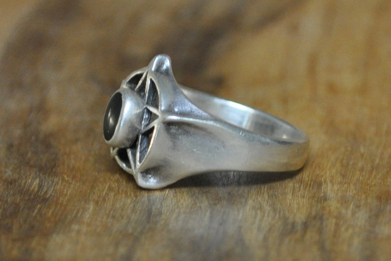 Silver Black Obsidian Pentagram Ring - Size 7.5 - Stamped and Tested Sterling Silver - Pentagram Jewelry - Occult Jewelry - Wicca Jewelry