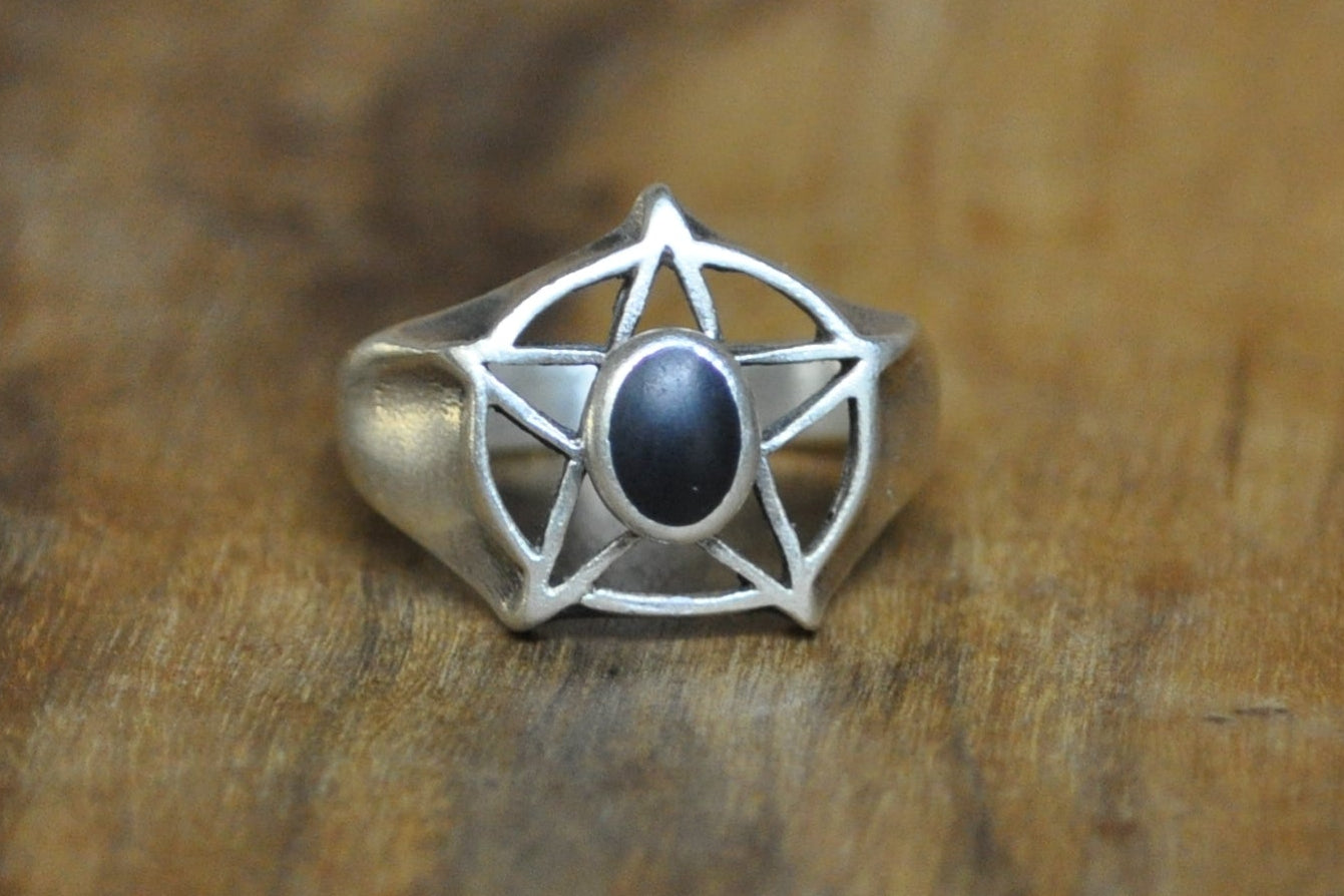 Silver Black Obsidian Pentagram Ring - Size 7.5 - Stamped and Tested Sterling Silver - Pentagram Jewelry - Occult Jewelry - Wicca Jewelry