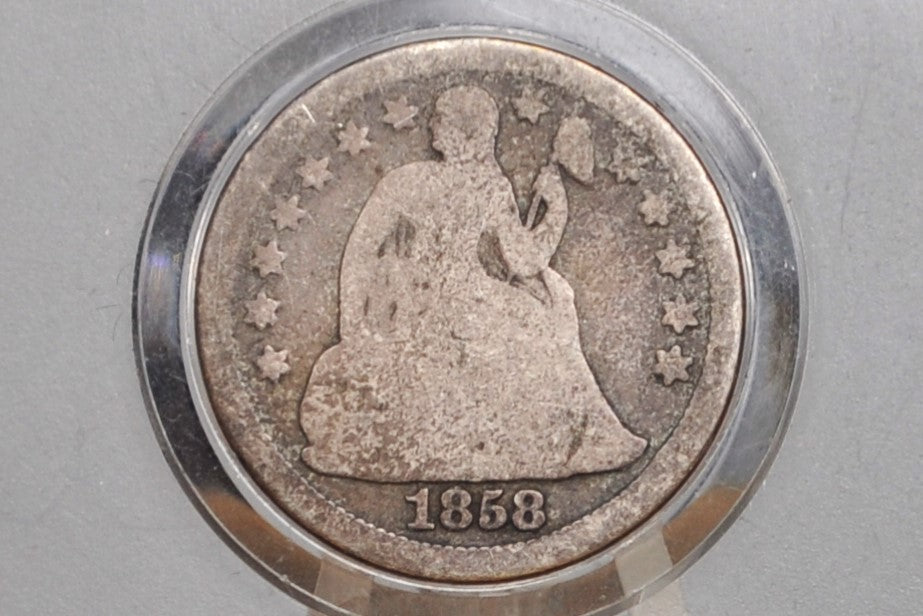 1858 Seated Dime - G (Good) - 1858 Seated Liberty Dime - Early American Coin - 1858 Silver Dime Liberty Seated 1858, Better Date!