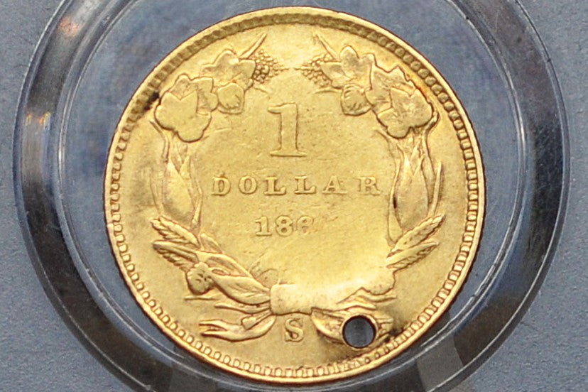 1860-S Indian Princess Head One Dollar Gold Coin (Type 3) - Extremely Rare Coin - Only 13,000 Made, AU Detail, Holed - 1 Dollar Gold 1860S Indian Princess