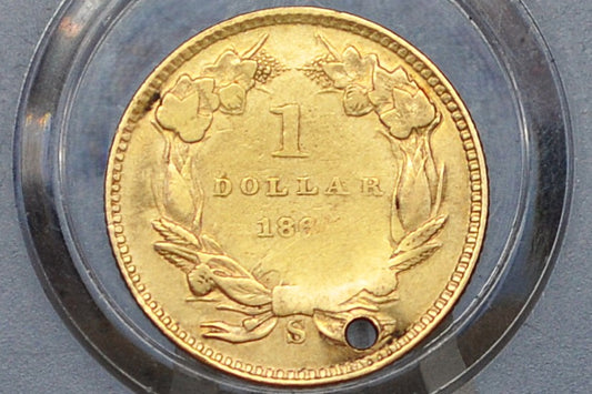 1860-S Indian Princess Head One Dollar Gold Coin (Type 3) - Extremely Rare Coin - Only 13,000 Made, AU Detail, Holed - 1 Dollar Gold 1860S Indian Princess