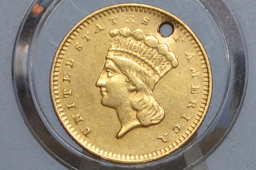 1860-S Indian Princess Head One Dollar Gold Coin (Type 3) - Extremely Rare Coin - Only 13,000 Made, AU Detail, Holed - 1 Dollar Gold 1860S Indian Princess