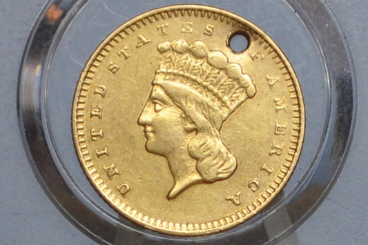 1860-S Indian Princess Head One Dollar Gold Coin (Type 3) - Extremely Rare Coin - Only 13,000 Made, AU Detail, Holed - 1 Dollar Gold 1860S Indian Princess