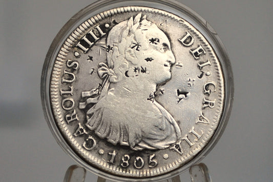 1805 Spanish 8 Reales, Peru LIMAE IJ - Chopmarked, XF+ Details  - Chopmarked 8 Reale - Spanish Silver Colonial Era Coin 1805 Eight Reales Peru