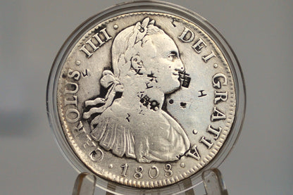 1808 Spanish 8 Reales, Mexico Mo FM - Chopmarked, XF Details  - Wicked Cool Chop Marked 8 Reale - Spanish Silver Colonial Era Coin 1808 Eight Reales Mexico