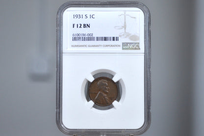 1931-S Wheat Penny - F12 (Fine) Grade / Condition, NGC Certified - San Francisco Mint - Key Date Wheat - 1931S Wheat Back Cent Wheat Ear 1931 S