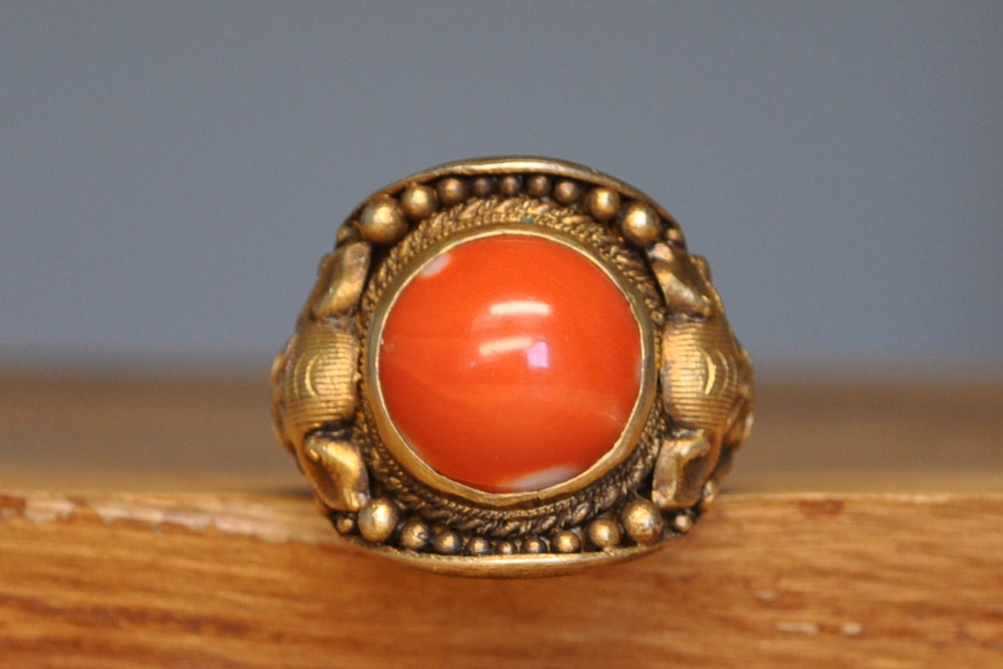 Red Coral Inlay Gold Tone Silver Bull Ring - Size 8 (Expandable) - Stamped and Tested Silver - Buddhist/Hindu Jewelry- 18th Century Cuff