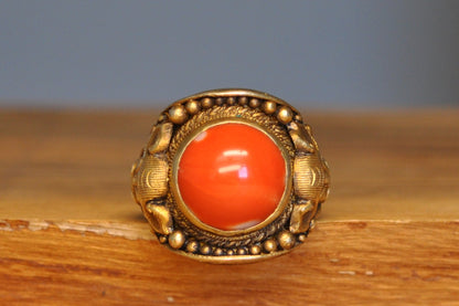 Red Coral Inlay Gold Tone Silver Bull Ring - Size 8 (Expandable) - Stamped and Tested Silver - Buddhist/Hindu Jewelry- 18th Century Cuff