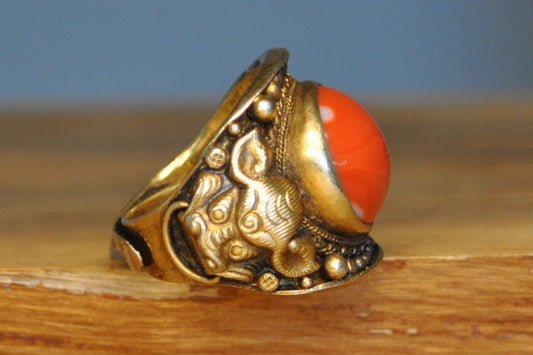 Red Coral Inlay Gold Tone Silver Bull Ring - Size 8 (Expandable) - Stamped and Tested Silver - Buddhist/Hindu Jewelry- 18th Century Cuff
