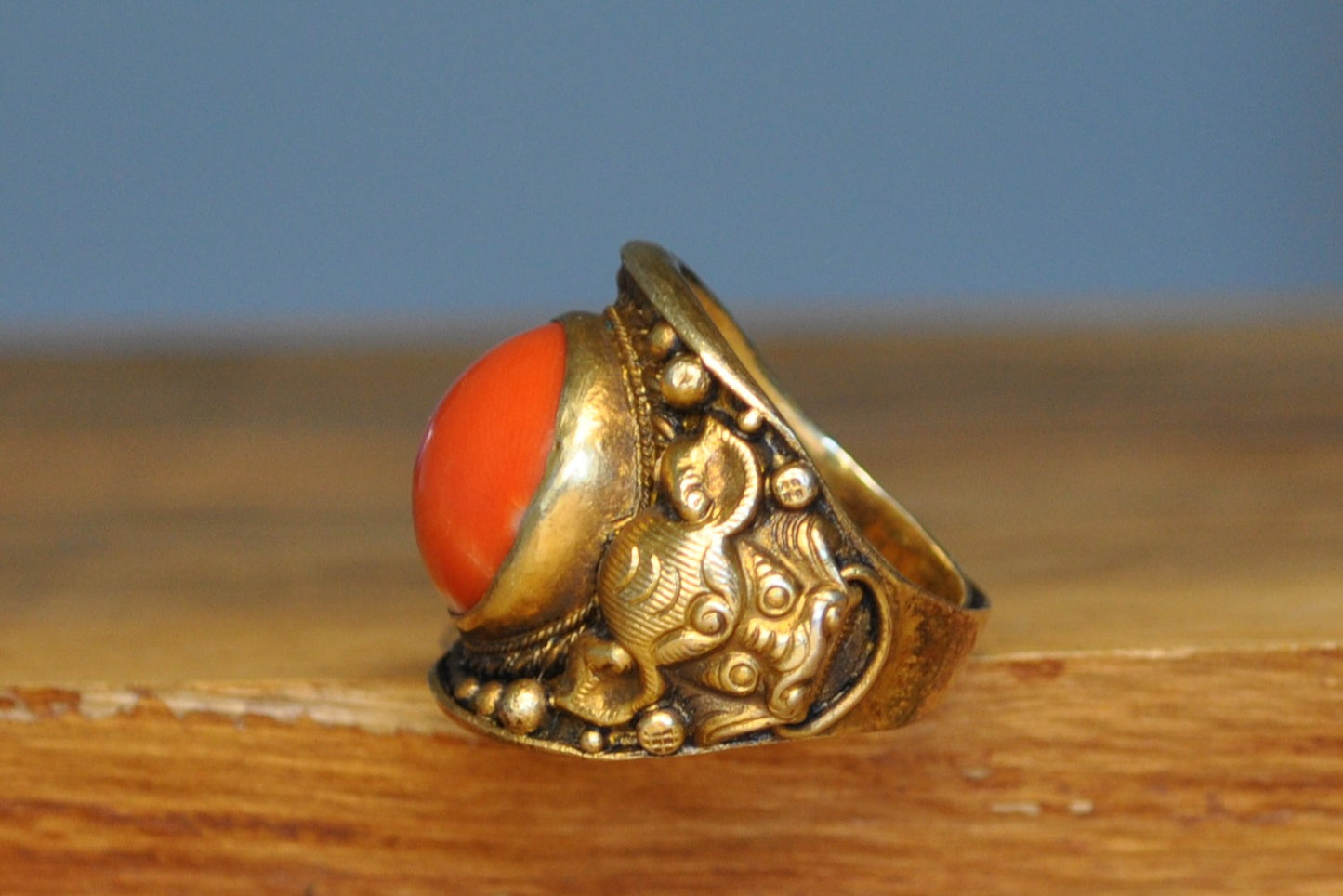 Red Coral Inlay Gold Tone Silver Bull Ring - Size 8 (Expandable) - Stamped and Tested Silver - Buddhist/Hindu Jewelry- 18th Century Cuff
