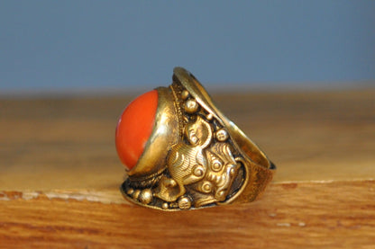 Red Coral Inlay Gold Tone Silver Bull Ring - Size 8 (Expandable) - Stamped and Tested Silver - Buddhist/Hindu Jewelry- 18th Century Cuff