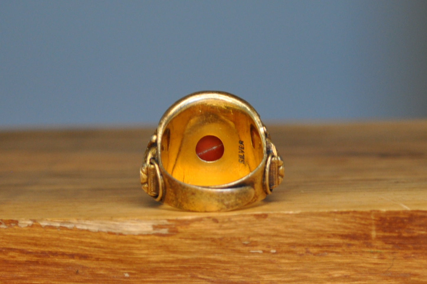 Red Coral Inlay Gold Tone Silver Bull Ring - Size 8 (Expandable) - Stamped and Tested Silver - Buddhist/Hindu Jewelry- 18th Century Cuff