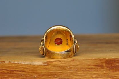 Red Coral Inlay Gold Tone Silver Bull Ring - Size 8 (Expandable) - Stamped and Tested Silver - Buddhist/Hindu Jewelry- 18th Century Cuff