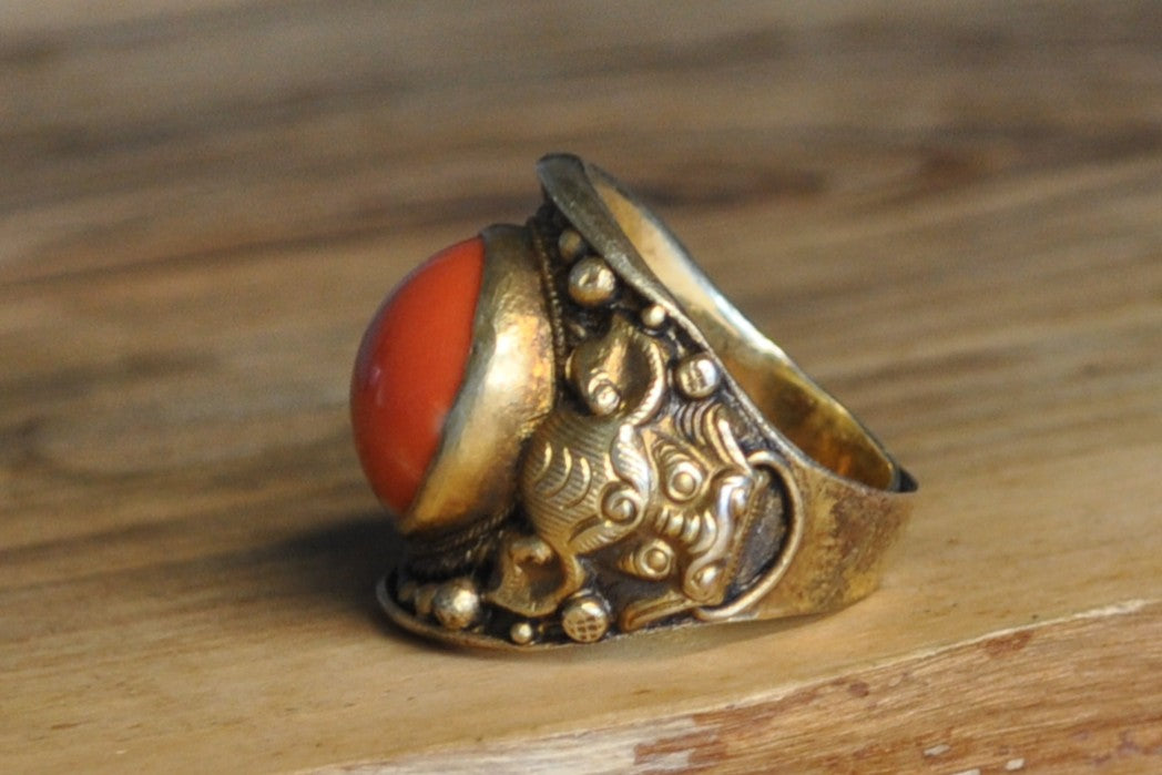 Red Coral Inlay Gold Tone Silver Bull Ring - Size 8 (Expandable) - Stamped and Tested Silver - Buddhist/Hindu Jewelry- 18th Century Cuff