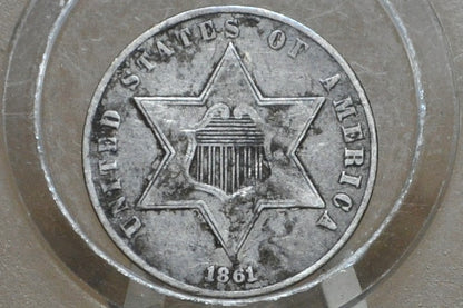 1861 Three Cent Silver US Coin - VF (Very Fine) Grade / Condition - 1861 3 Cent Trimes Silver 3 Cent Piece - Great Collection Piece