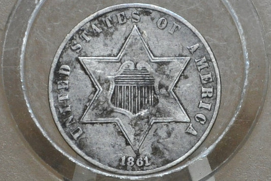 1861 Three Cent Silver US Coin - VF (Very Fine) Grade / Condition - 1861 3 Cent Trimes Silver 3 Cent Piece - Great Collection Piece
