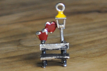 Silver Lovers Park Bench Charm - Tested Sterling Silver - Double Hearts - Valentines Charm