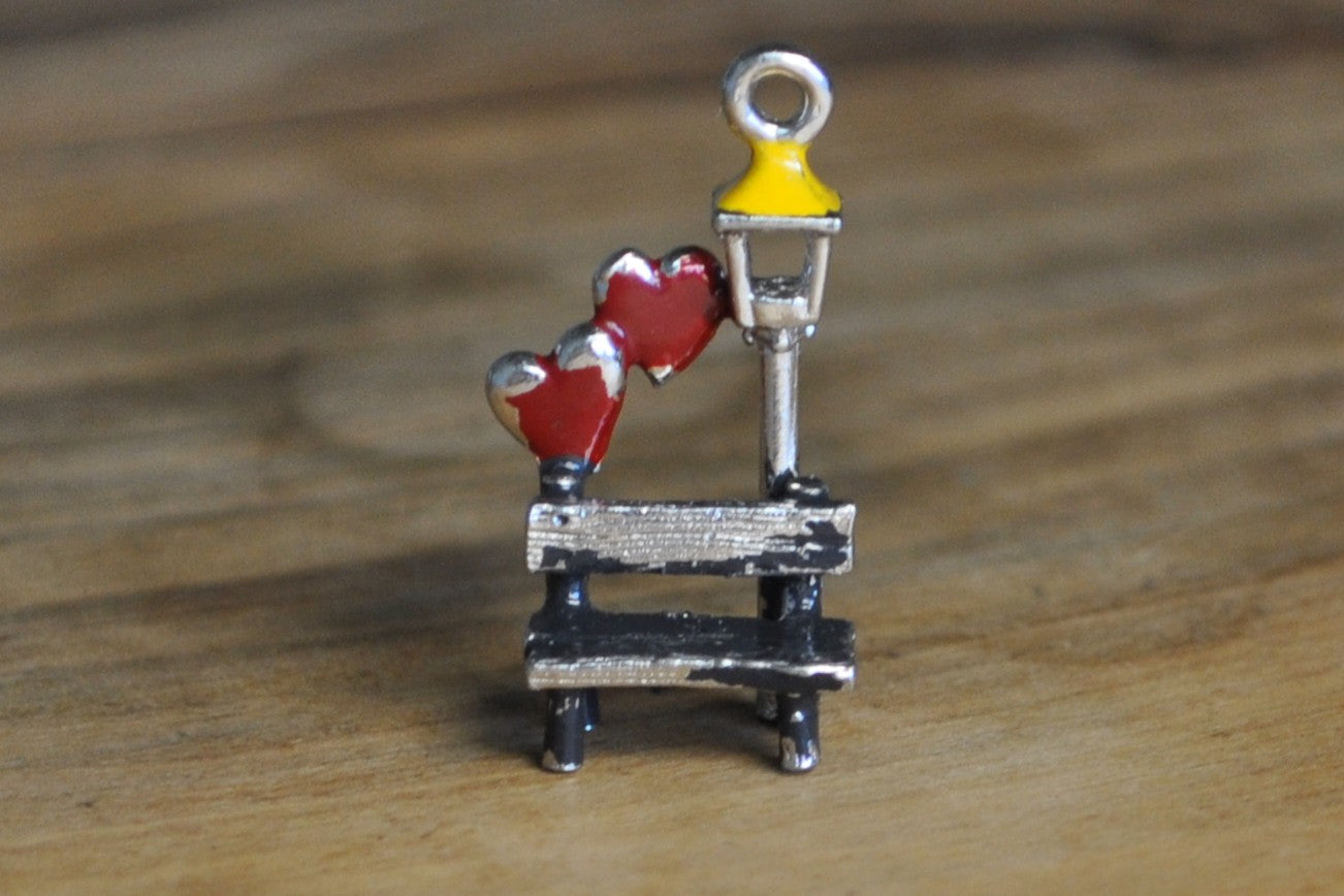 Silver Lovers Park Bench Charm - Tested Sterling Silver - Double Hearts - Valentines Charm